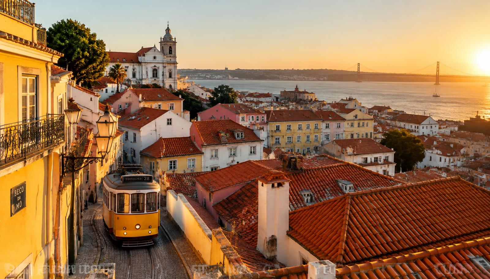Terracotta rooftops of Lisbon's Alfama at sunset with a yellow tram and the Tagus river