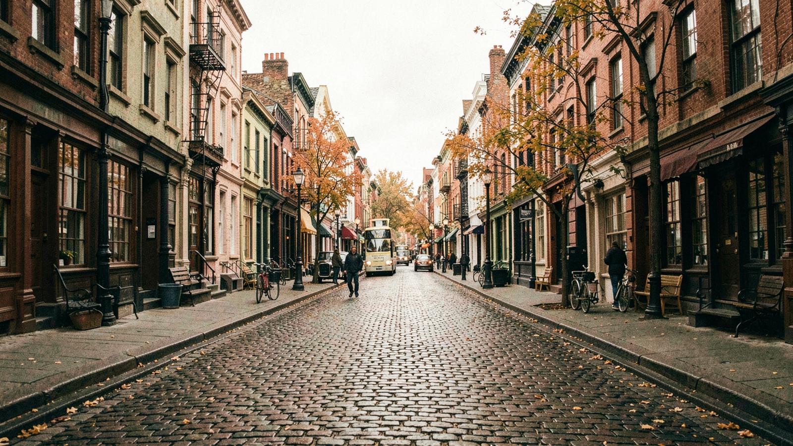 Cobblestone street in Old Montreal lined with brick buildings and autumn trees