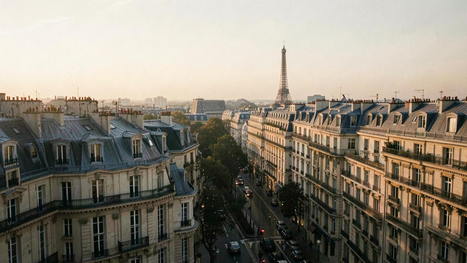 Haussmann rooftops in Paris at golden hour with the Eiffel Tower in the distance